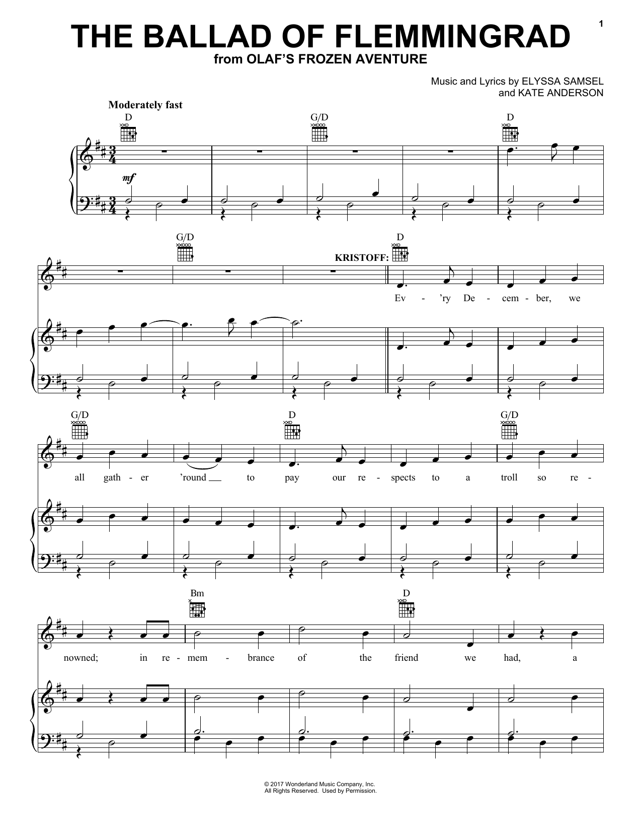 Learn to play Kate Anderson The Ballad Of Flemmingrad (from Olaf's Frozen Adventure) sheet music for Piano, Vocal & Guitar Chords (Right-Hand Melody) in minutes. Price: 7.8900$ Kate Anderson The Ballad Of Flemmingrad (from Olaf's Frozen Adventure) sheet music notes and chords arranged for Piano, Vocal & Guitar Chords (Right-Hand Melody)