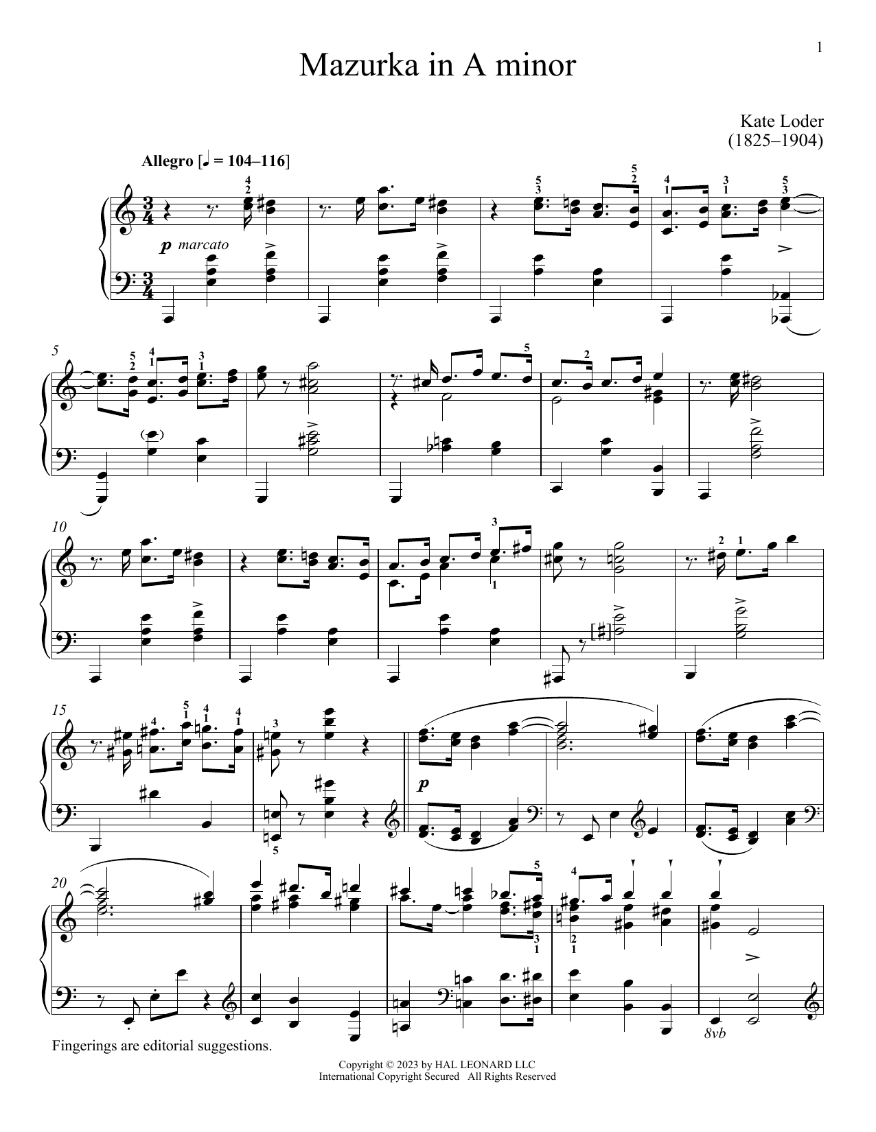 Learn to play Kate Loder Mazurka in A minor sheet music for Piano Solo in minutes. Price: 6.9900$ Kate Loder Mazurka in A minor sheet music notes and chords arranged for Piano Solo