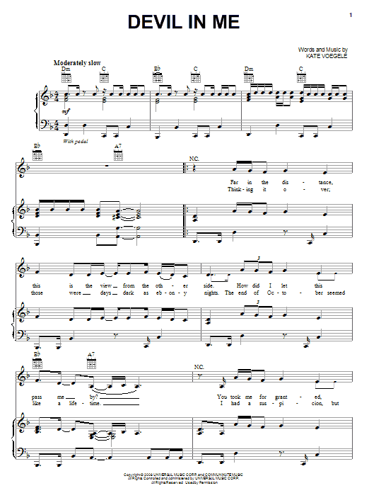 Kate Voegele Devil In Me sheet music notes and chords. Download Printable PDF.