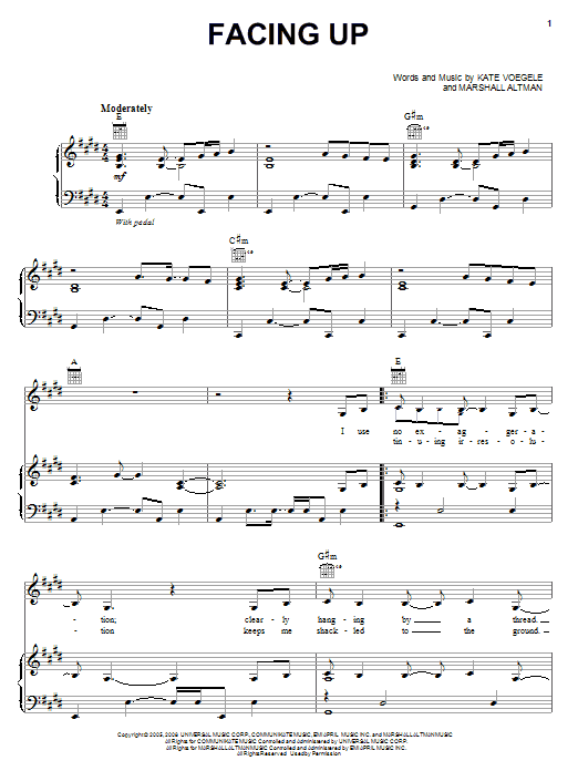 Learn to play Kate Voegele Facing Up sheet music for Piano, Vocal & Guitar (Right-Hand Melody) in minutes. Kate Voegele Facing Up sheet music notes and chords. Download Printable PDF.
