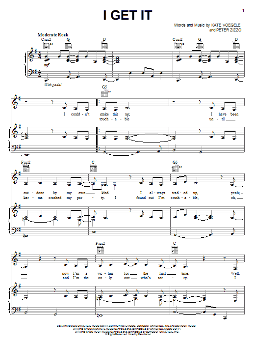 Learn to play Kate Voegele I Get It sheet music for Piano, Vocal & Guitar (Right-Hand Melody) in minutes. Kate Voegele I Get It sheet music notes and chords. Download Printable PDF.
