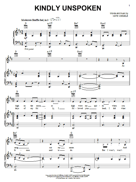 Kate Voegele Kindly Unspoken sheet music notes and chords. Download Printable PDF.