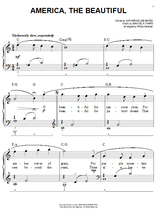 Katharine Lee Bates America, The Beautiful sheet music notes and chords. Download Printable PDF.