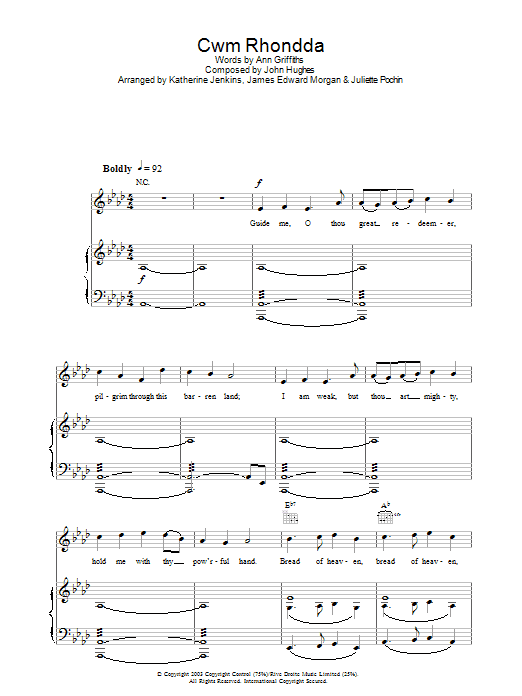 Katherine Jenkins Cwm Rhondda sheet music notes and chords. Download Printable PDF.