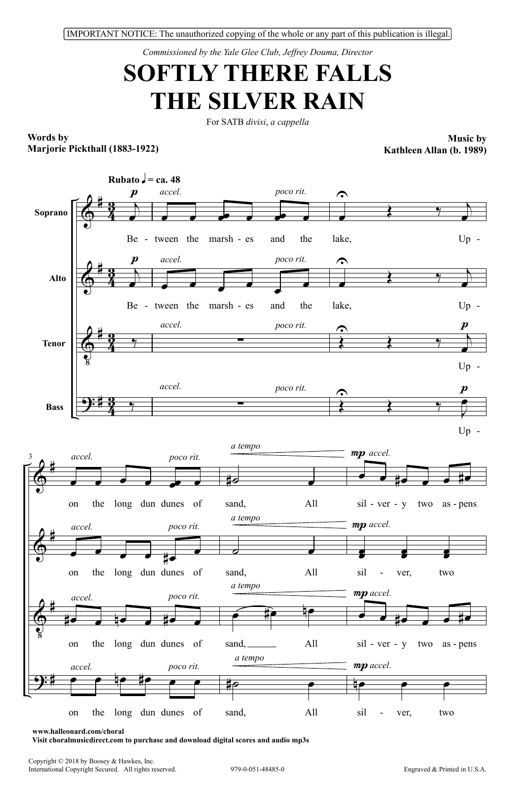Learn to play Kathleen Allan Softly There Falls The Silver Rain sheet music for SATB Choir in minutes. Price: 3.9900$ Kathleen Allan Softly There Falls The Silver Rain sheet music notes and chords arranged for SATB Choir