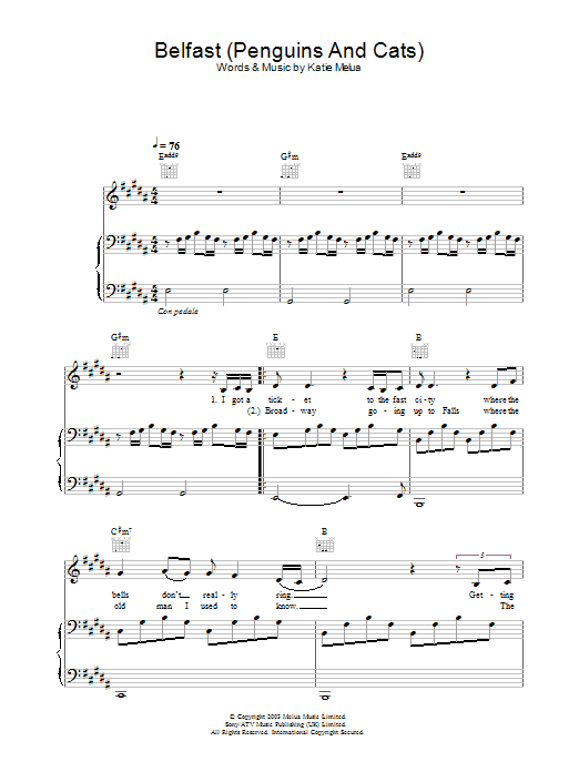 Katie Melua Belfast Penguins And Cats Sheet Music Pdf Notes