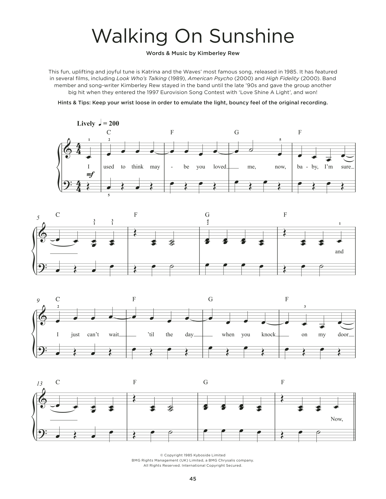 Katrina And The Waves Walking On Sunshine sheet music notes and chords. Download Printable PDF.