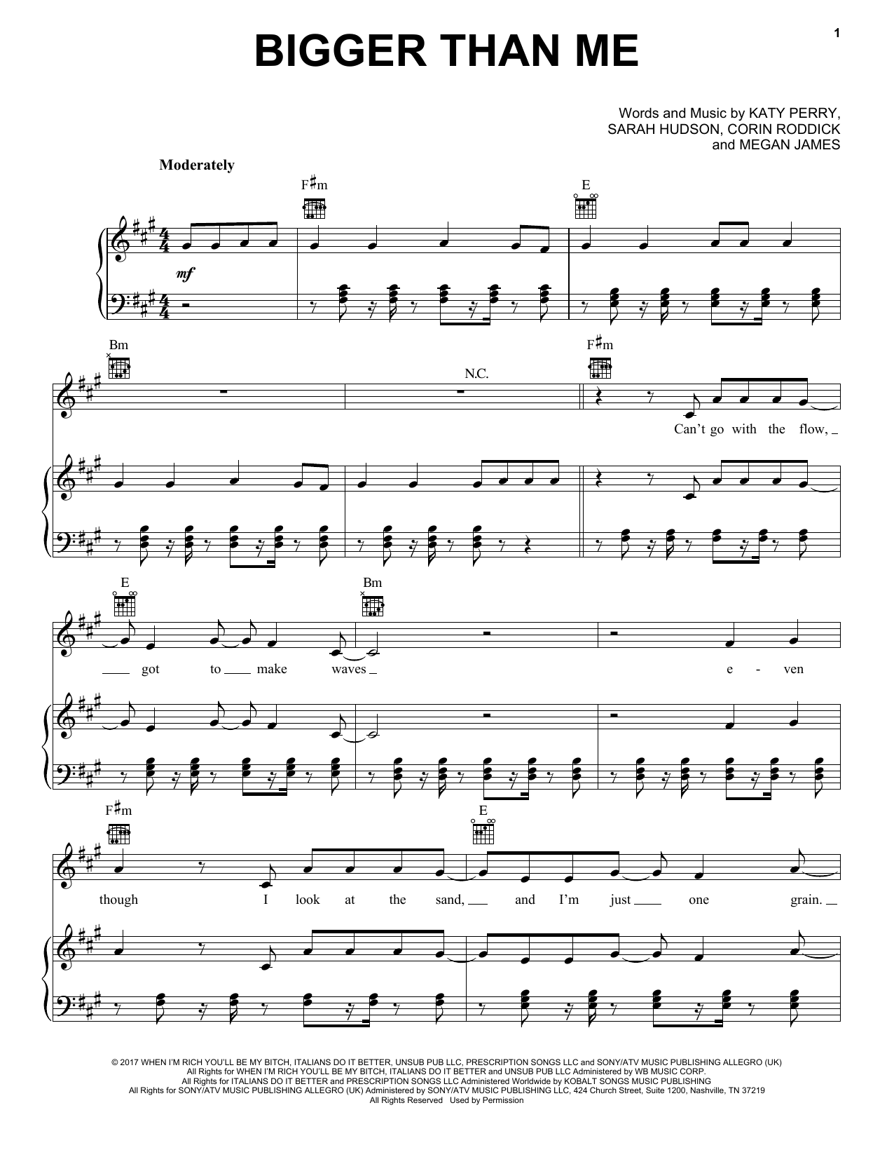 Katy Perry Bigger Than Me sheet music notes and chords. Download Printable PDF.