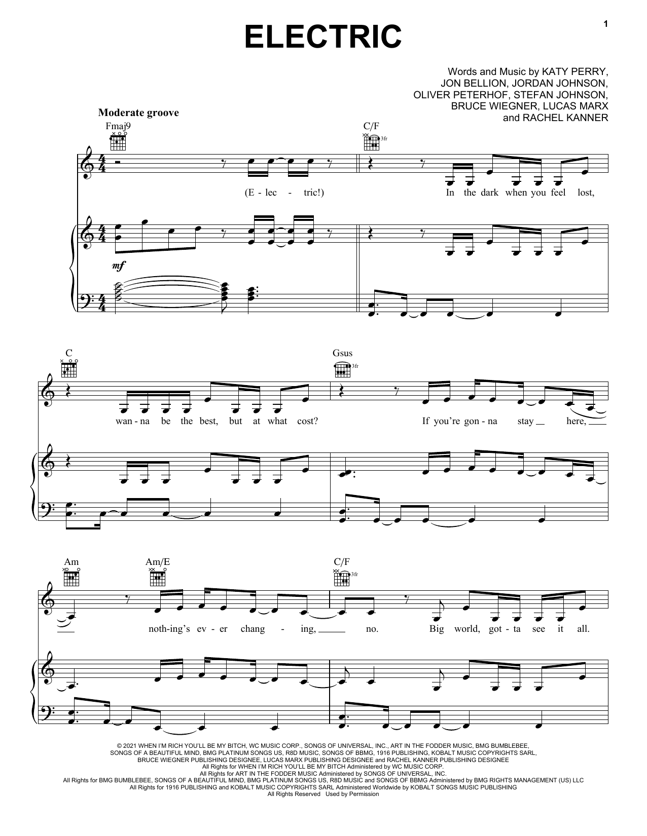 Katy Perry Electric sheet music notes and chords. Download Printable PDF.