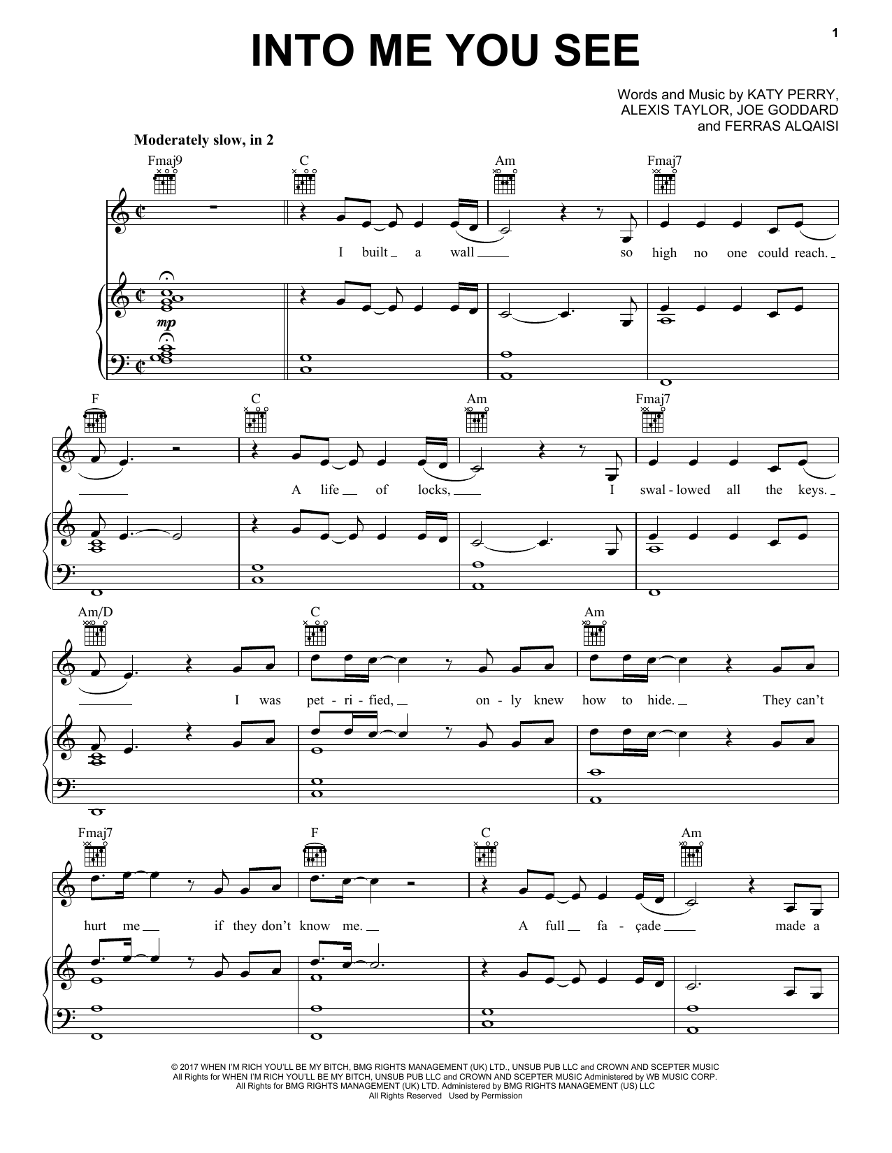 Learn to play Katy Perry Into Me You See sheet music for Piano, Vocal & Guitar Chords (Right-Hand Melody) in minutes. Price: 7.8900$ Katy Perry Into Me You See sheet music notes and chords arranged for Piano, Vocal & Guitar Chords (Right-Hand Melody)