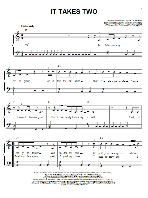 Katy Perry It Takes Two sheet music notes and chords. Download Printable PDF.