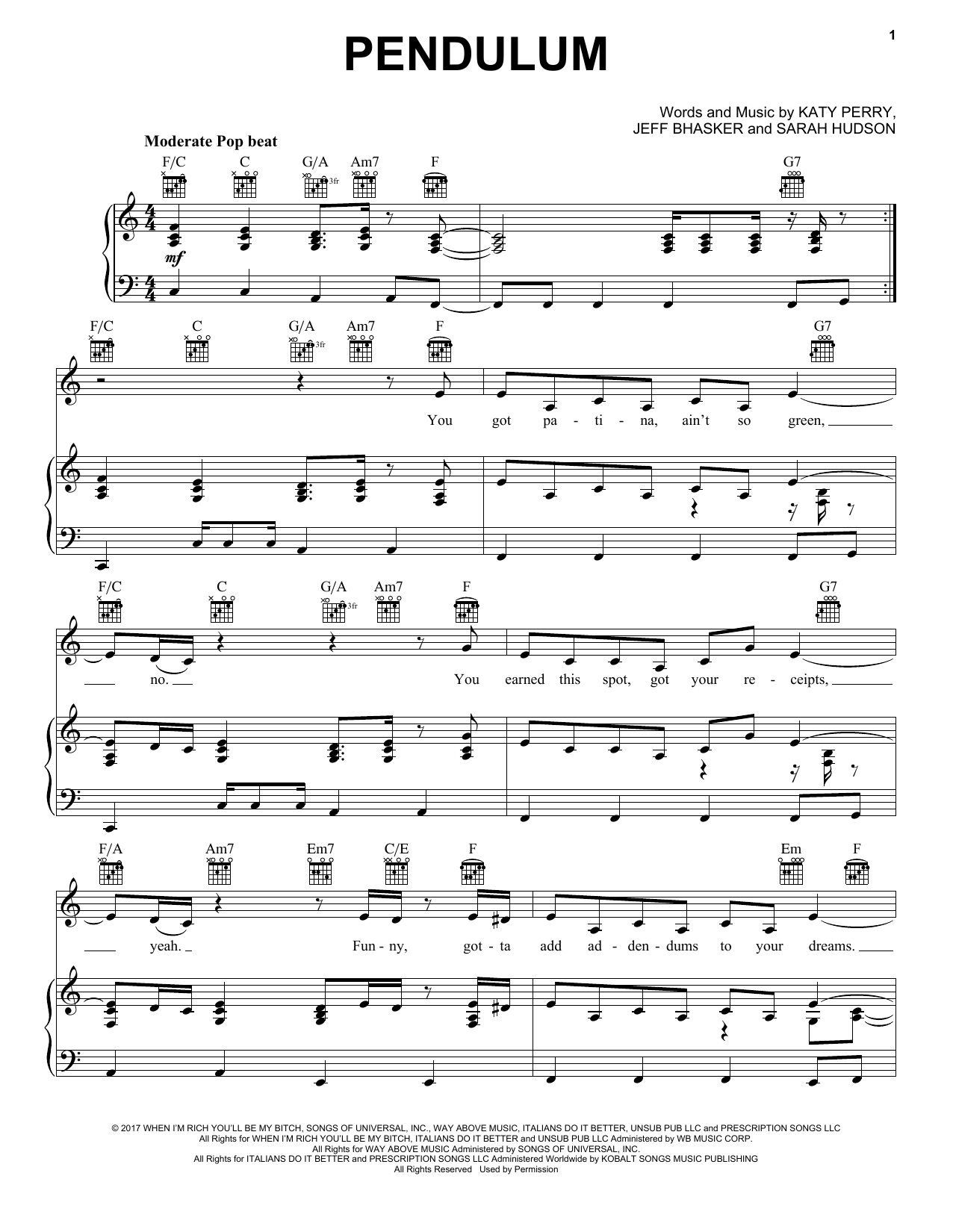 Katy Perry Pendulum sheet music notes and chords. Download Printable PDF.