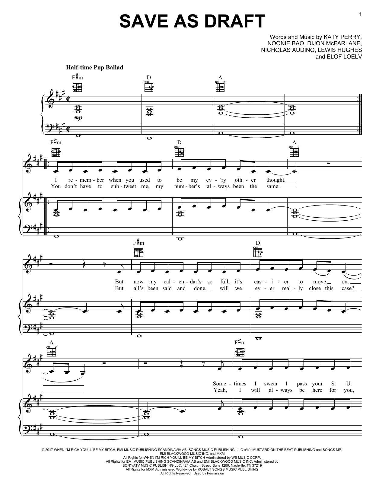 Katy Perry Save As Draft sheet music notes and chords. Download Printable PDF.