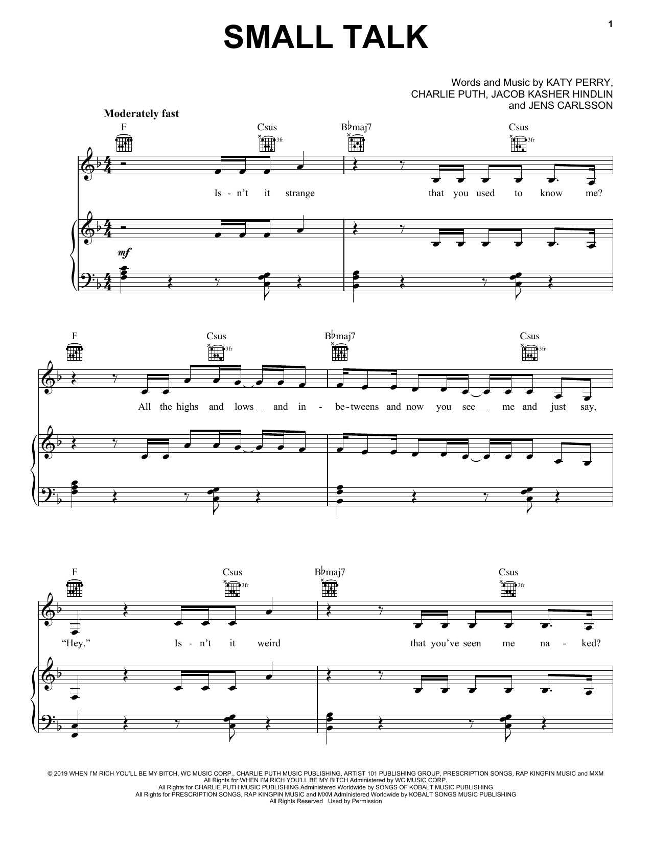 Katy Perry Small Talk sheet music notes and chords. Download Printable PDF.