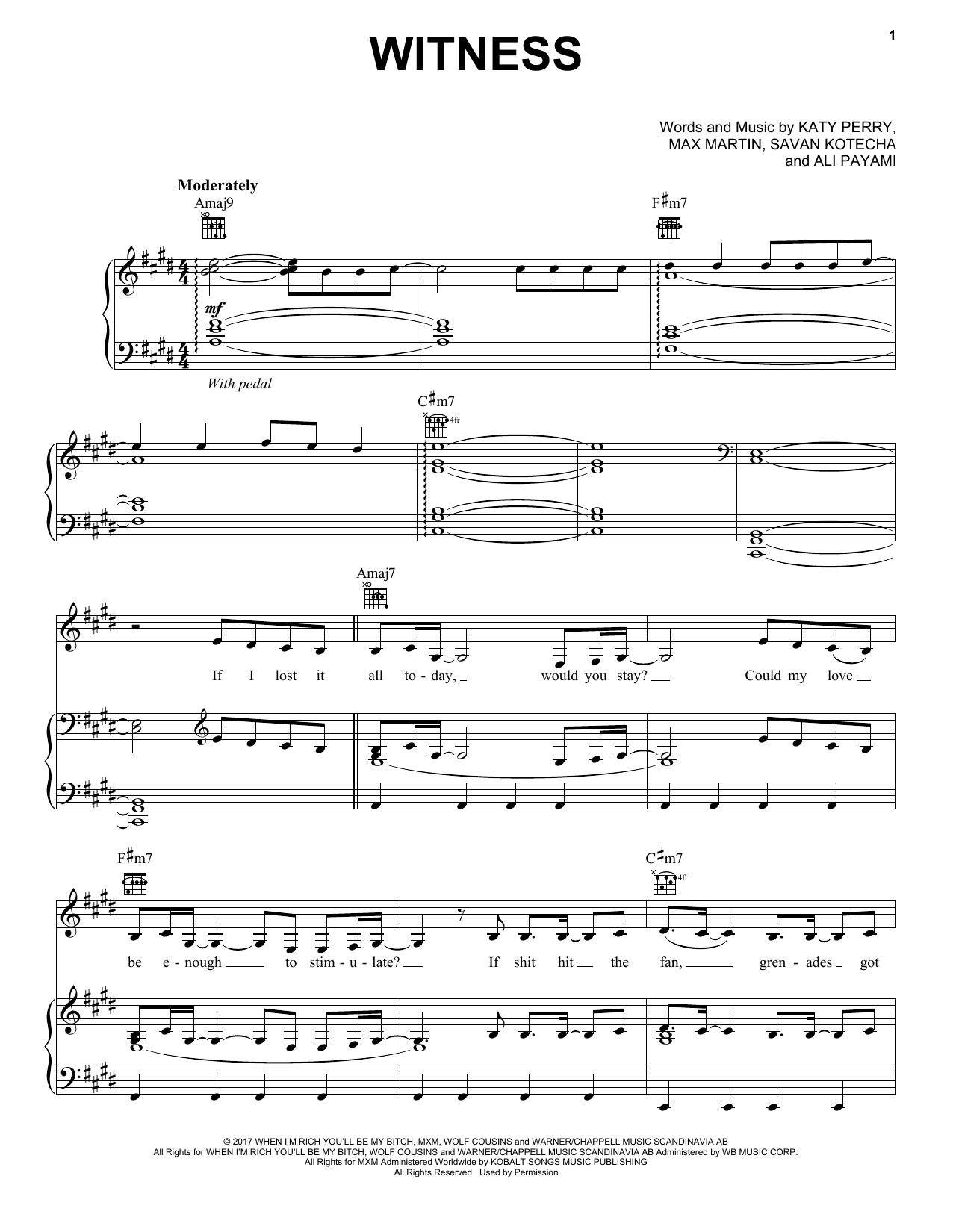 Katy Perry Witness sheet music notes and chords. Download Printable PDF.