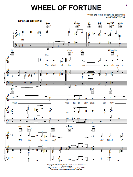 Learn to play Kay Starr Wheel Of Fortune sheet music for Easy Lead Sheet / Fake Book in minutes. Price: 5.9900$ Kay Starr Wheel Of Fortune sheet music notes and chords arranged for Easy Lead Sheet / Fake Book
