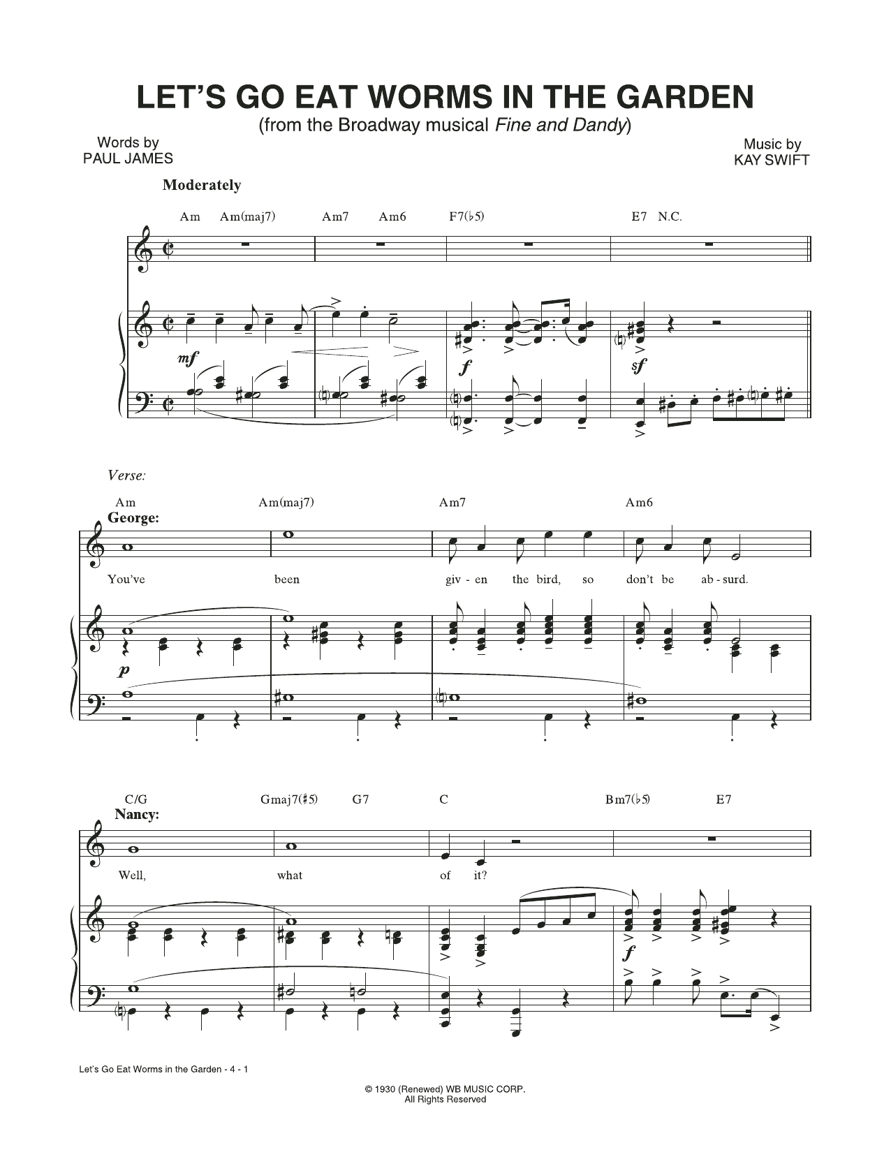 Learn to play Kay Swift & Paul James Let's Go Eat Worms In The Garden (from the musical Fine and Dandy) sheet music for Piano & Vocal in minutes. Kay Swift & Paul James Let's Go Eat Worms In The Garden (from the musical Fine and Dandy) sheet music notes and chords. Download Printable PDF.