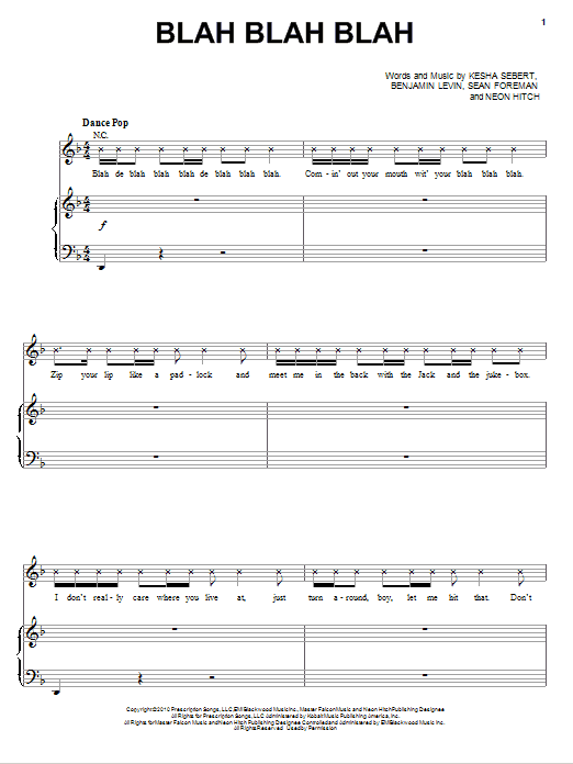 Kesha Blah Blah Blah sheet music notes and chords. Download Printable PDF.