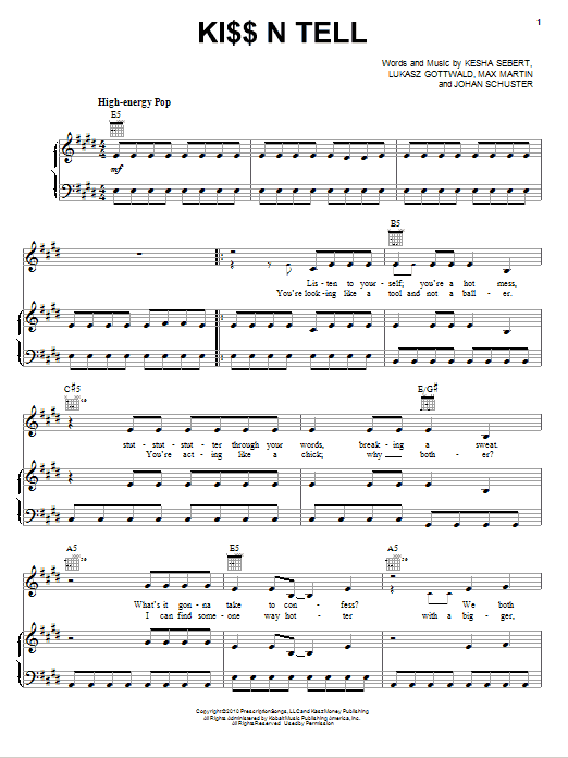 Kesha Ki$$ N Tell sheet music notes and chords. Download Printable PDF.