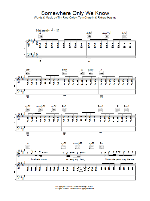 Keane Somewhere Only We Know sheet music notes and chords. Download Printable PDF.