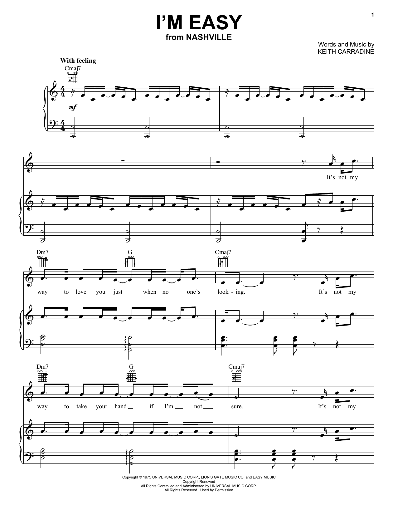 Keith Carradine I'm Easy sheet music notes and chords. Download Printable PDF.