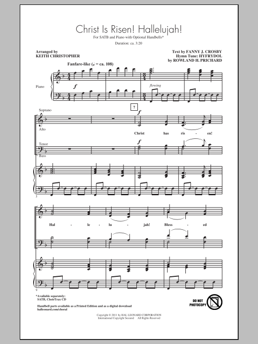Learn to play Rowland H. Prichard Christ Is Risen! Hallelujah! (arr. Keith Christopher) sheet music for SATB Choir in minutes. Price: 3.9900$ Rowland H. Prichard Christ Is Risen! Hallelujah! (arr. Keith Christopher) sheet music notes and chords arranged for SATB Choir