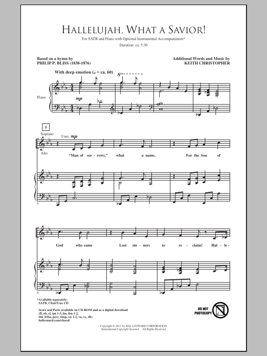 Learn to play Keith Christopher Hallelujah! What A Savior! sheet music for SATB Choir in minutes. Price: 3.9900$ Keith Christopher Hallelujah! What A Savior! sheet music notes and chords arranged for SATB Choir