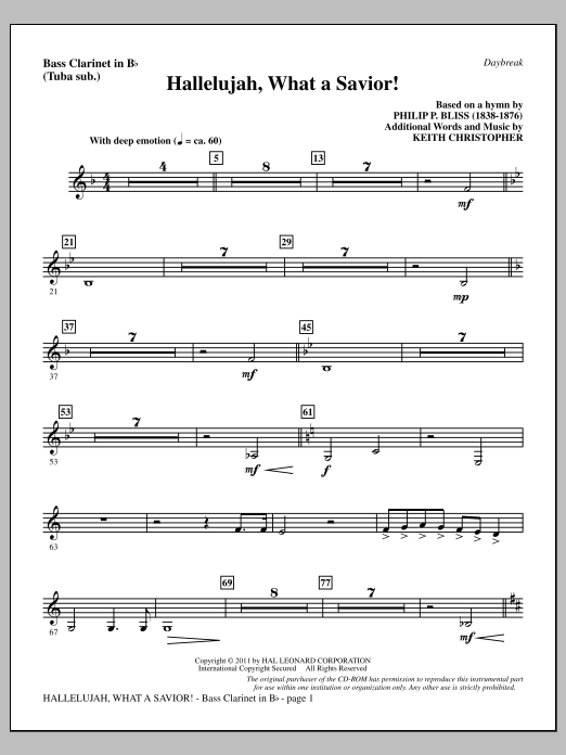 Learn to play Keith Christopher Hallelujah, What A Savior! - Bass Clarinet (sub. Tuba) sheet music for Choir Instrumental Pak in minutes. Price: 8.9900$ Keith Christopher Hallelujah, What A Savior! - Bass Clarinet (sub. Tuba) sheet music notes and chords arranged for Choir Instrumental Pak