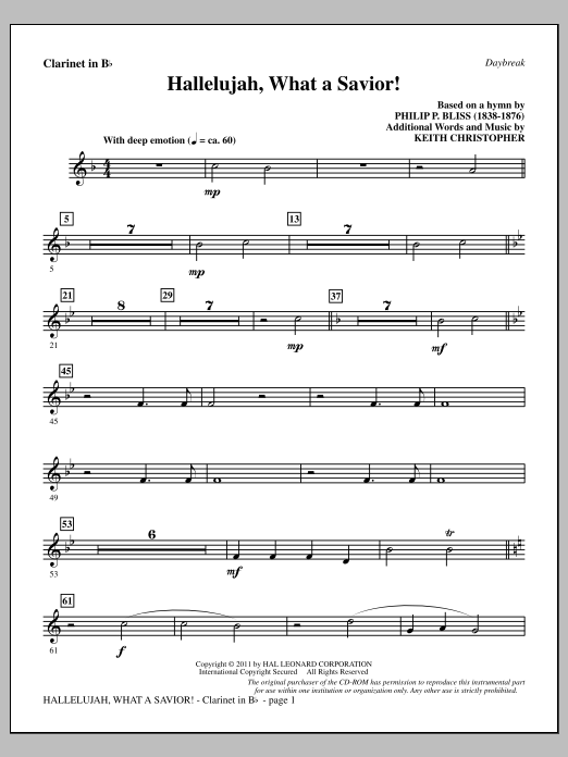 Learn to play Keith Christopher Hallelujah, What A Savior! - Bb Clarinet sheet music for Choir Instrumental Pak in minutes. Price: 8.9900$ Keith Christopher Hallelujah, What A Savior! - Bb Clarinet sheet music notes and chords arranged for Choir Instrumental Pak