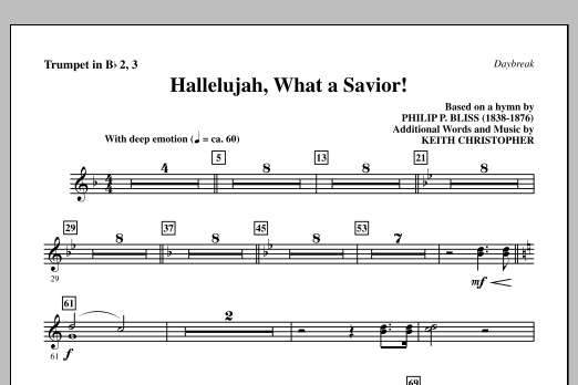 Learn to play Keith Christopher Hallelujah, What A Savior! - Bb Trumpet 2,3 sheet music for Choir Instrumental Pak in minutes. Price: 8.9900$ Keith Christopher Hallelujah, What A Savior! - Bb Trumpet 2,3 sheet music notes and chords arranged for Choir Instrumental Pak