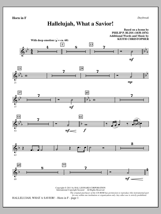 Learn to play Keith Christopher Hallelujah, What A Savior! - F Horn sheet music for Choir Instrumental Pak in minutes. Price: 8.9900$ Keith Christopher Hallelujah, What A Savior! - F Horn sheet music notes and chords arranged for Choir Instrumental Pak