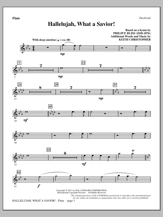 Learn to play Keith Christopher Hallelujah, What A Savior! - Flute sheet music for Choir Instrumental Pak in minutes. Price: 8.9900$ Keith Christopher Hallelujah, What A Savior! - Flute sheet music notes and chords arranged for Choir Instrumental Pak