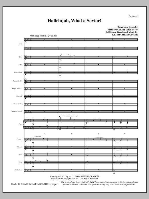 Learn to play Keith Christopher Hallelujah, What A Savior! - Full Score sheet music for Choir Instrumental Pak in minutes. Price: 8.9900$ Keith Christopher Hallelujah, What A Savior! - Full Score sheet music notes and chords arranged for Choir Instrumental Pak
