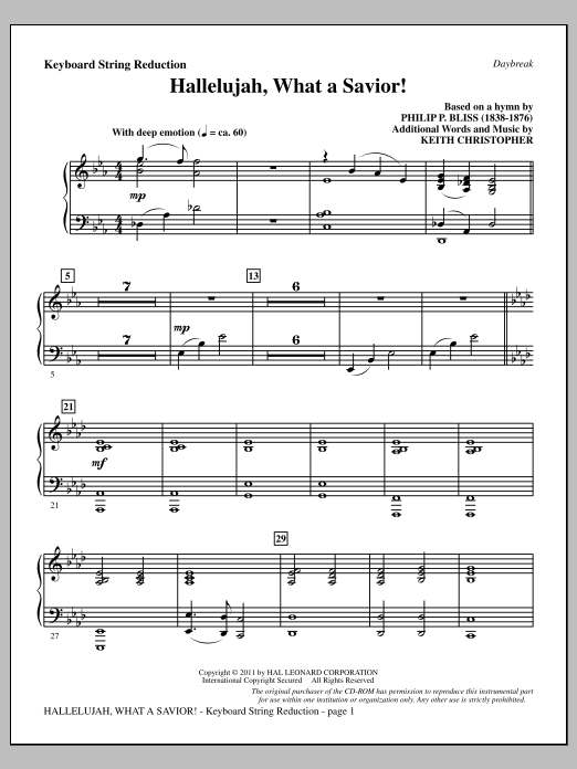 Learn to play Keith Christopher Hallelujah, What A Savior! - Keyboard String Reduction sheet music for Choir Instrumental Pak in minutes. Price: 8.9900$ Keith Christopher Hallelujah, What A Savior! - Keyboard String Reduction sheet music notes and chords arranged for Choir Instrumental Pak