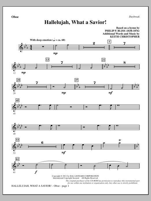 Learn to play Keith Christopher Hallelujah, What A Savior! - Oboe sheet music for Choir Instrumental Pak in minutes. Price: 8.9900$ Keith Christopher Hallelujah, What A Savior! - Oboe sheet music notes and chords arranged for Choir Instrumental Pak