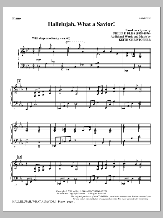 Learn to play Keith Christopher Hallelujah, What A Savior! - Piano sheet music for Choir Instrumental Pak in minutes. Price: 8.9900$ Keith Christopher Hallelujah, What A Savior! - Piano sheet music notes and chords arranged for Choir Instrumental Pak