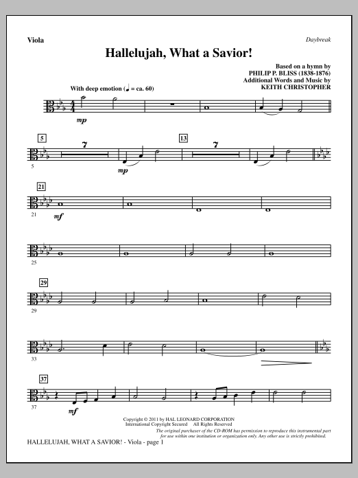 Learn to play Keith Christopher Hallelujah, What A Savior! - Viola sheet music for Choir Instrumental Pak in minutes. Price: 8.9900$ Keith Christopher Hallelujah, What A Savior! - Viola sheet music notes and chords arranged for Choir Instrumental Pak