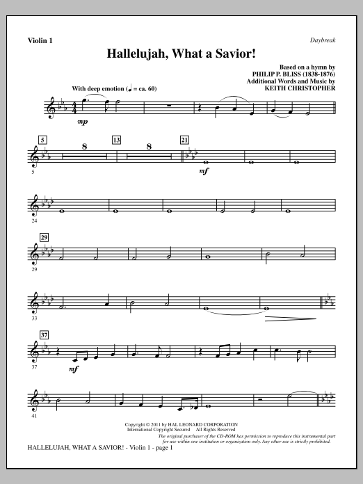 Learn to play Keith Christopher Hallelujah, What A Savior! - Violin 1 sheet music for Choir Instrumental Pak in minutes. Price: 8.9900$ Keith Christopher Hallelujah, What A Savior! - Violin 1 sheet music notes and chords arranged for Choir Instrumental Pak