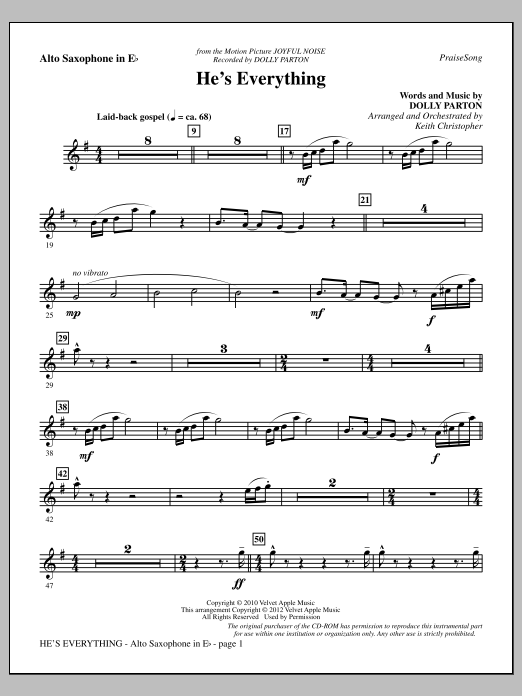Learn to play Keith Christopher He's Everything - Alto Sax sheet music for Choir Instrumental Pak in minutes. Price: 8.9900$ Keith Christopher He's Everything - Alto Sax sheet music notes and chords arranged for Choir Instrumental Pak