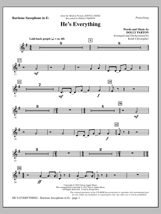 Learn to play Keith Christopher He's Everything - Baritone Sax sheet music for Choir Instrumental Pak in minutes. Price: 8.9900$ Keith Christopher He's Everything - Baritone Sax sheet music notes and chords arranged for Choir Instrumental Pak
