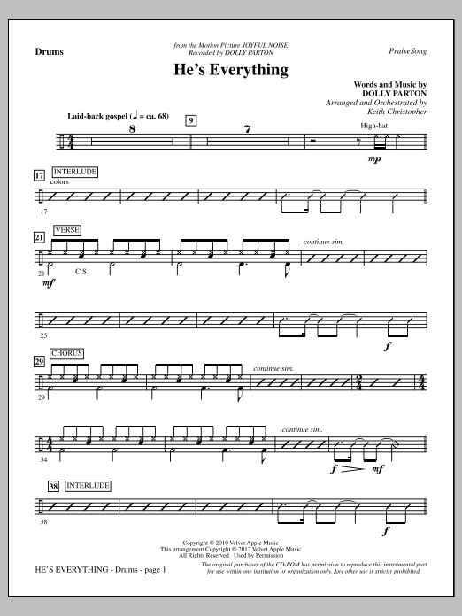 Learn to play Keith Christopher He's Everything - Drums sheet music for Choir Instrumental Pak in minutes. Price: 8.9900$ Keith Christopher He's Everything - Drums sheet music notes and chords arranged for Choir Instrumental Pak