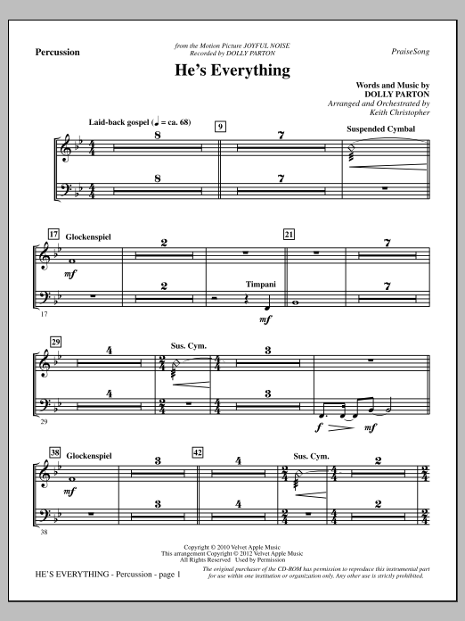 Learn to play Keith Christopher He's Everything - Percussion sheet music for Choir Instrumental Pak in minutes. Price: 8.9900$ Keith Christopher He's Everything - Percussion sheet music notes and chords arranged for Choir Instrumental Pak