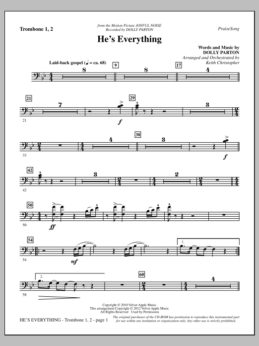 Learn to play Keith Christopher He's Everything - Trombone 1 & 2 sheet music for Choir Instrumental Pak in minutes. Price: 8.9900$ Keith Christopher He's Everything - Trombone 1 & 2 sheet music notes and chords arranged for Choir Instrumental Pak