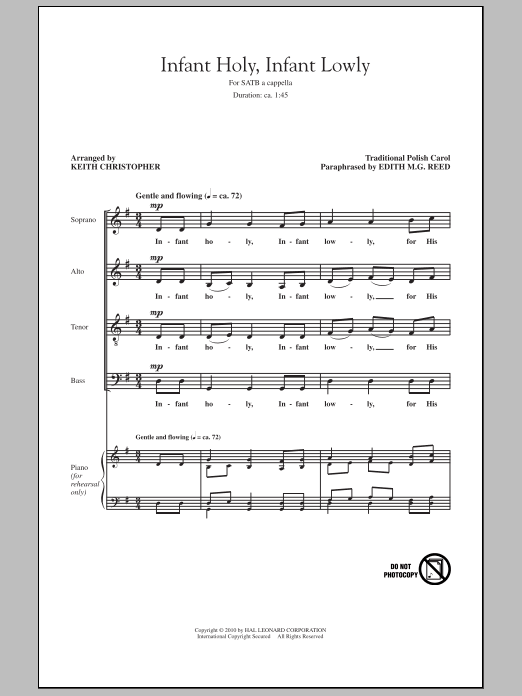 Learn to play Keith Christopher Infant Holy, Infant Lowly sheet music for SATB Choir in minutes. Price: 3.9900$ Keith Christopher Infant Holy, Infant Lowly sheet music notes and chords arranged for SATB Choir
