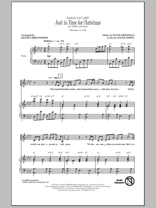 Learn to play Keith Christopher Just In Time For Christmas sheet music for SSA Choir in minutes. Price: 3.9900$ Keith Christopher Just In Time For Christmas sheet music notes and chords arranged for SSA Choir