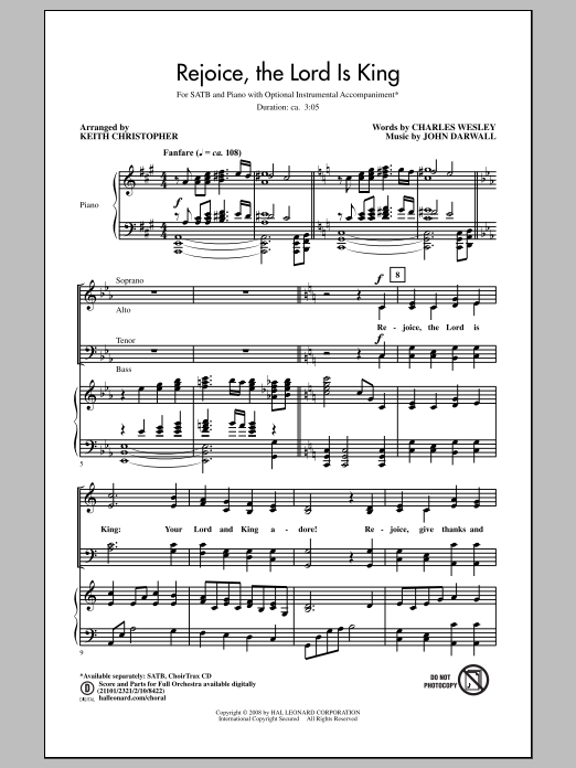 Learn to play Charles Wesley Rejoice, The Lord Is King (arr. Keith Christopher) sheet music for SATB Choir in minutes. Charles Wesley Rejoice, The Lord Is King (arr. Keith Christopher) sheet music notes and chords. Download Printable PDF.