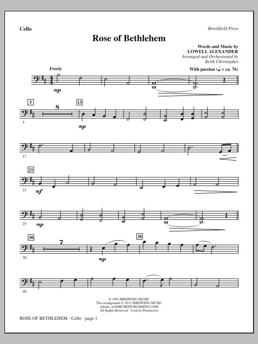 Learn to play Keith Christopher Rose Of Bethlehem - Cello sheet music for Choir Instrumental Pak in minutes. Price: 8.9900$ Keith Christopher Rose Of Bethlehem - Cello sheet music notes and chords arranged for Choir Instrumental Pak