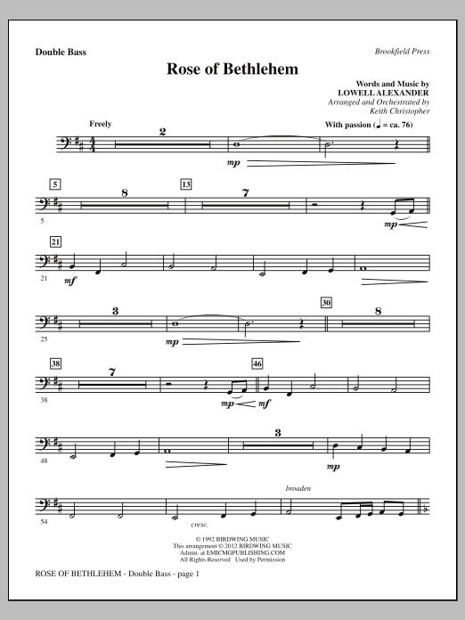 Learn to play Keith Christopher Rose Of Bethlehem - Double Bass sheet music for Choir Instrumental Pak in minutes. Price: 8.9900$ Keith Christopher Rose Of Bethlehem - Double Bass sheet music notes and chords arranged for Choir Instrumental Pak