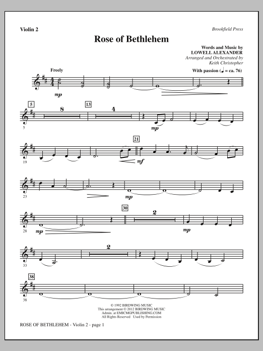 Learn to play Keith Christopher Rose Of Bethlehem - Violin 2 sheet music for Choir Instrumental Pak in minutes. Price: 8.9900$ Keith Christopher Rose Of Bethlehem - Violin 2 sheet music notes and chords arranged for Choir Instrumental Pak