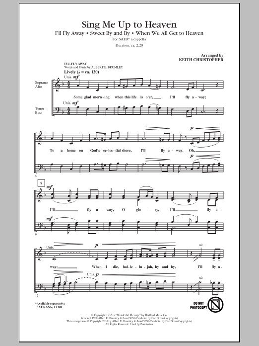 Learn to play Keith Christopher Sing Me Up To Heaven (Medley) sheet music for TTBB Choir in minutes. Price: 3.9900$ Keith Christopher Sing Me Up To Heaven (Medley) sheet music notes and chords arranged for TTBB Choir